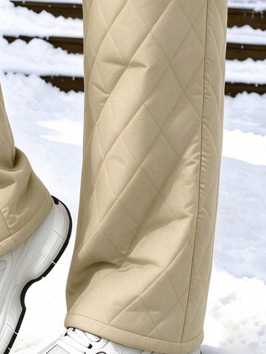 Women's Quilted Lined Pants Elastic Waist Straight Leg - Beige - photo 3