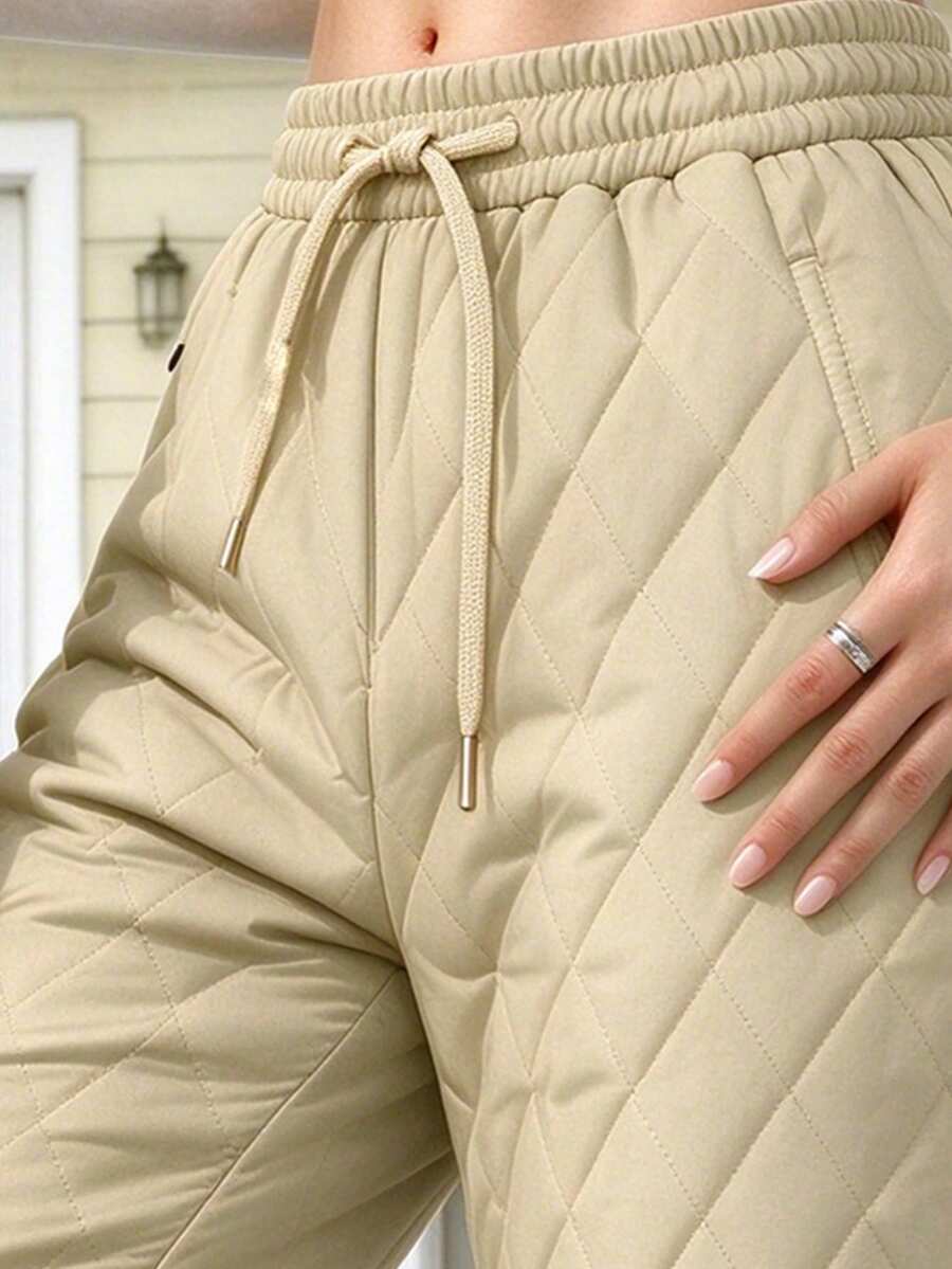 Women's Quilted Lined Pants Elastic Waist Straight Leg - Beige - photo 2