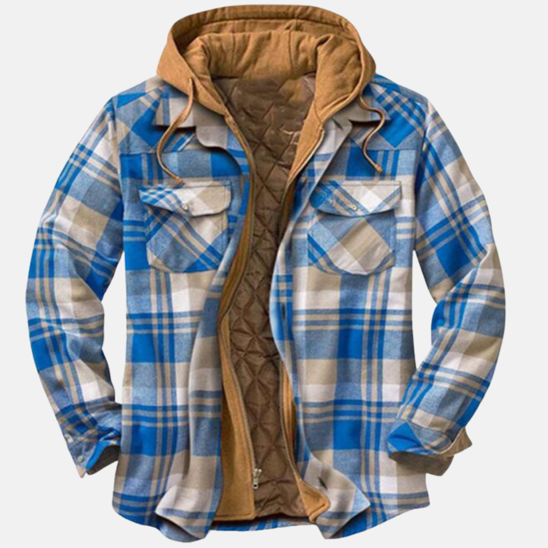 Men's Hooded Flannel Jacket – Quilted Lined Plaid Shacket in Light Blue
