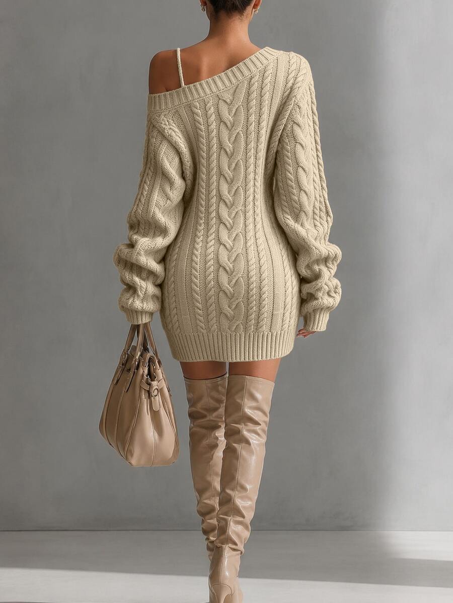 Cold Shoulder Cable Knit Sweater Dress Long Sleeve Bodycon - Beige - photo 2