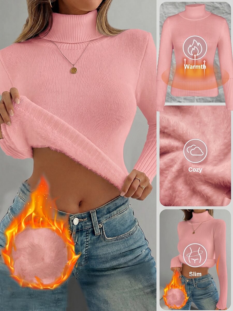 Rib Knit Turtleneck Sweater Long Sleeve Slim Fit - Blush - photo 3