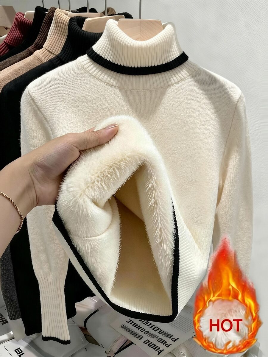 Women's Turtleneck Sweater Long Sleeve Rib Knit Slim Fit - Off White
