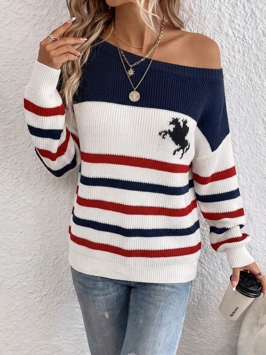 Off Shoulder Sweater Long Sleeve Pullover - Navy and Red - photo 4
