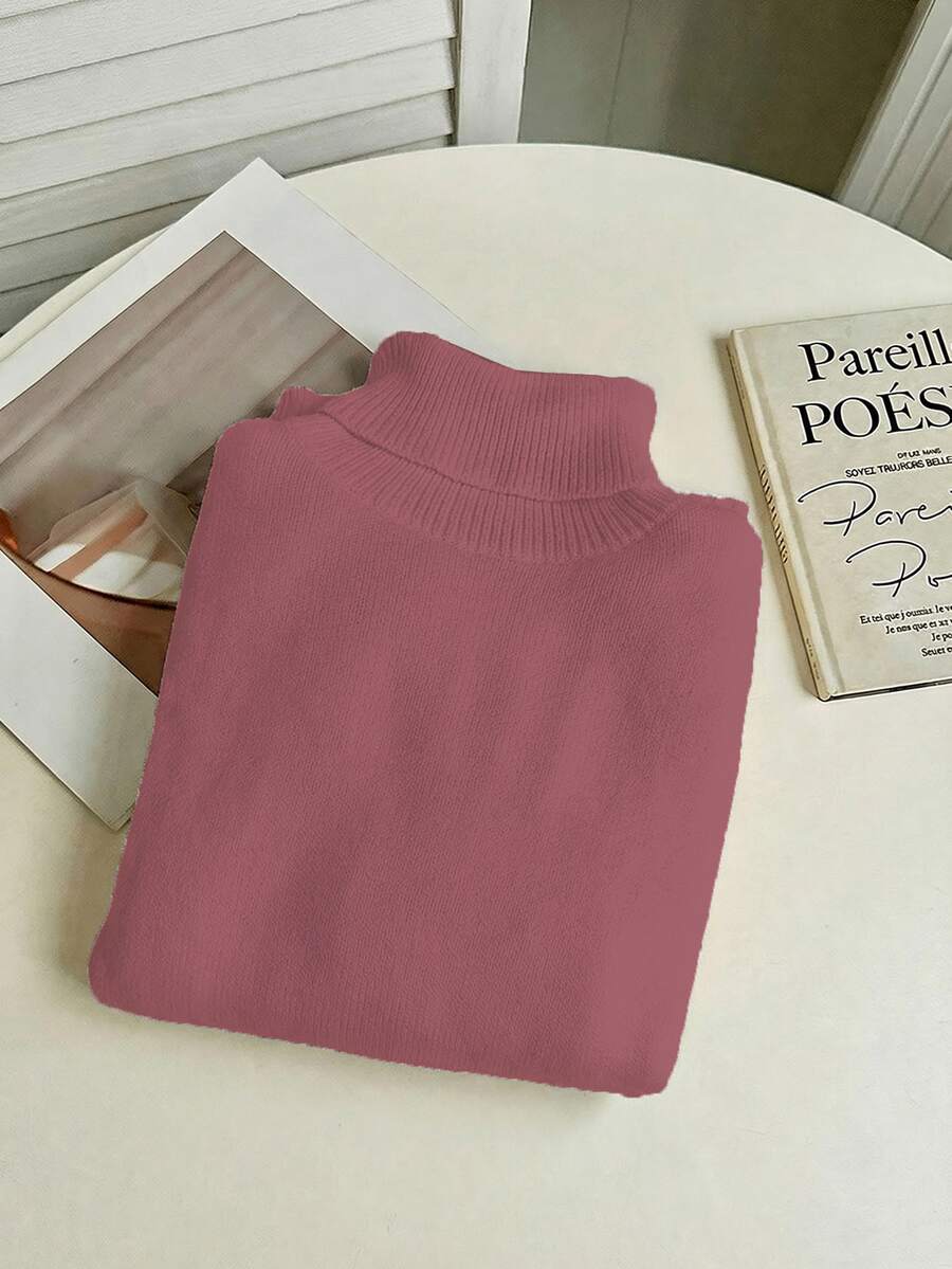 Fleece Lined Turtleneck Sweater Rib Knit Long Sleeve - Rose - photo 7