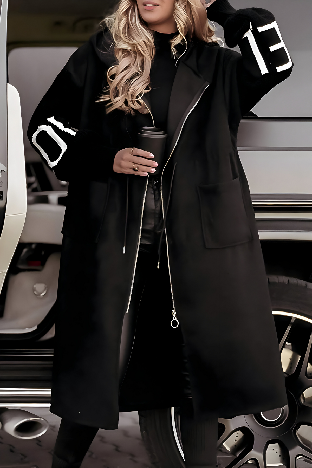 Women's Long Hooded Coat – Zip-Up Casual Jacket with Knit Sleeves in Black