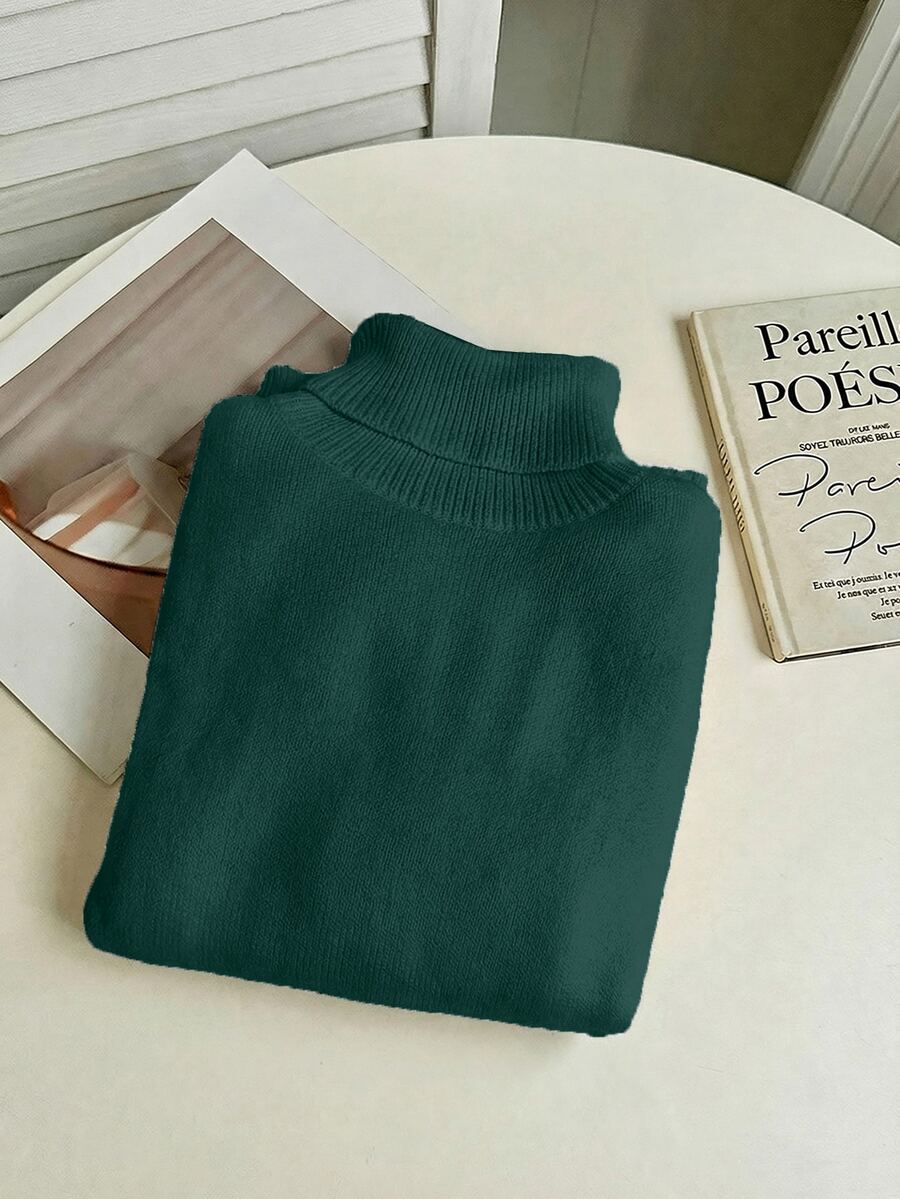 Fleece Lined Turtleneck Sweater Rib Knit Long Sleeve - Dark Green - photo 7