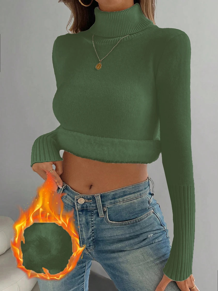 Fleece Lined Turtleneck Sweater Rib Knit Long Sleeve - Green - photo 4