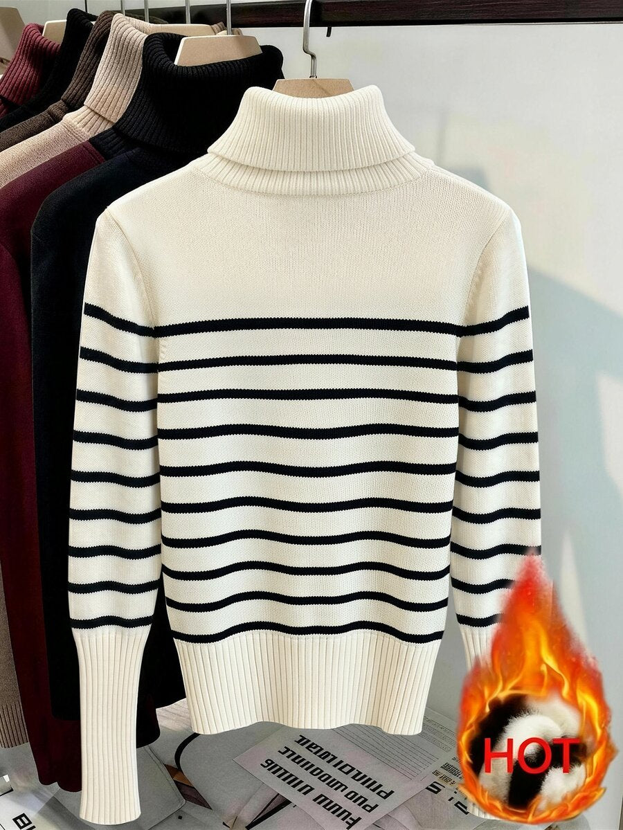 Fleece Lined Turtleneck Sweater Rib Knit Long Sleeve - White and Black - photo 6