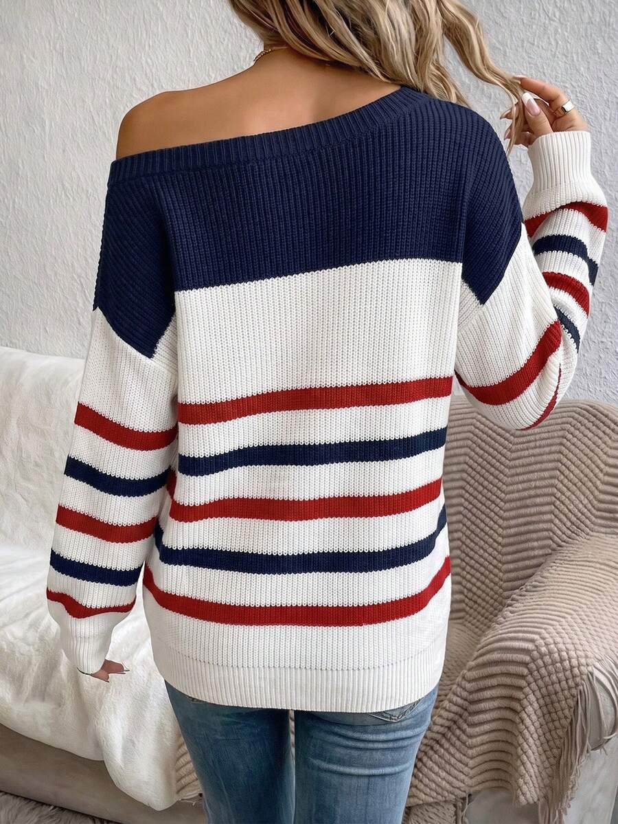 Off Shoulder Sweater Long Sleeve Pullover - Navy and Red - photo 2