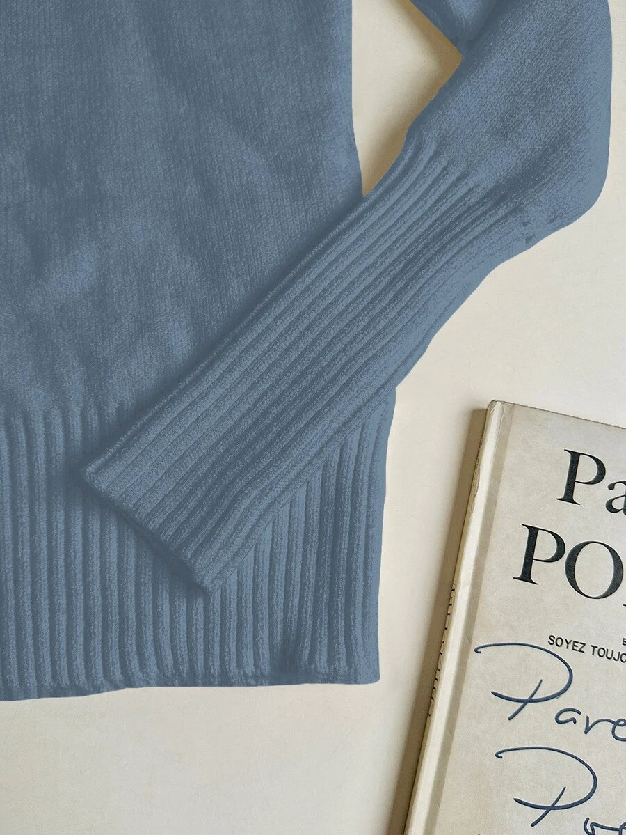 Fleece Lined Turtleneck Sweater Rib Knit Long Sleeve - Slate Blue - photo 7