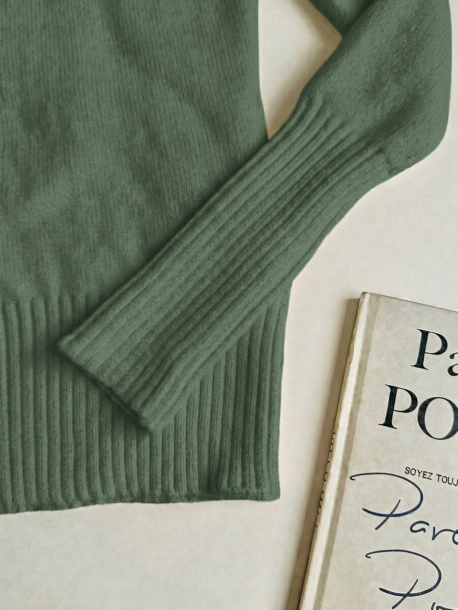 Fleece Lined Turtleneck Sweater Rib Knit Long Sleeve - Green - photo 6