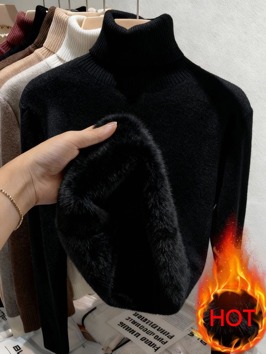 Women's Turtleneck Sweater Long Sleeve Rib Knit Slim Fit - Black