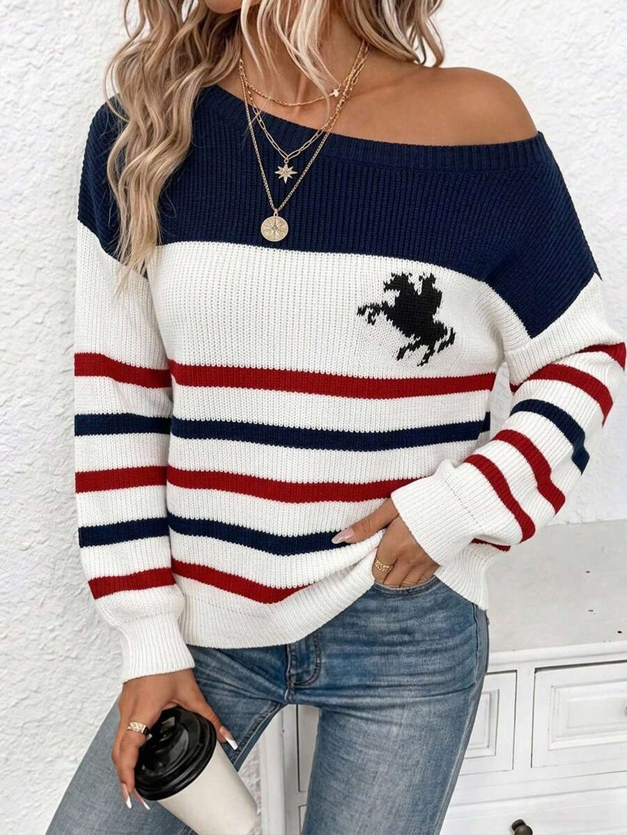 Off Shoulder Sweater Long Sleeve Pullover - Navy and Red