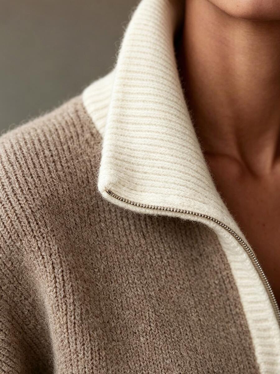 Drop Shoulder Contrast Collar Half Zip Sweater - Taupe - photo 5