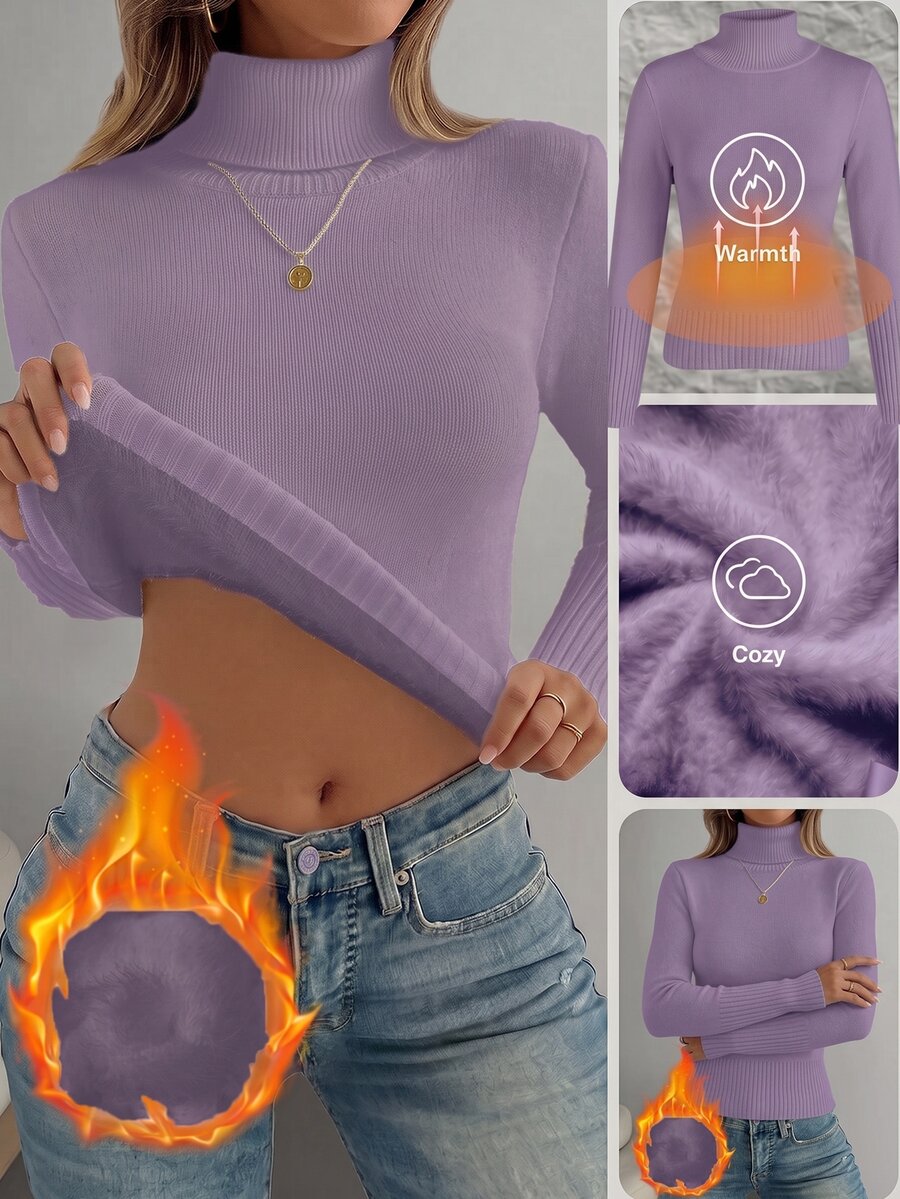 Fleece Lined Turtleneck Sweater Rib Knit Long Sleeve - Lilac - photo 7