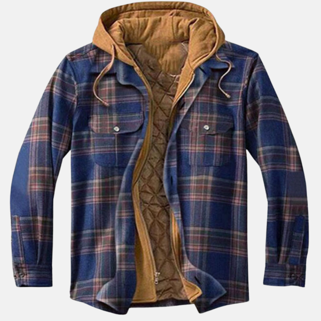 Men's Hooded Flannel Jacket – Quilted Lined Plaid Shacket in Dark Blue