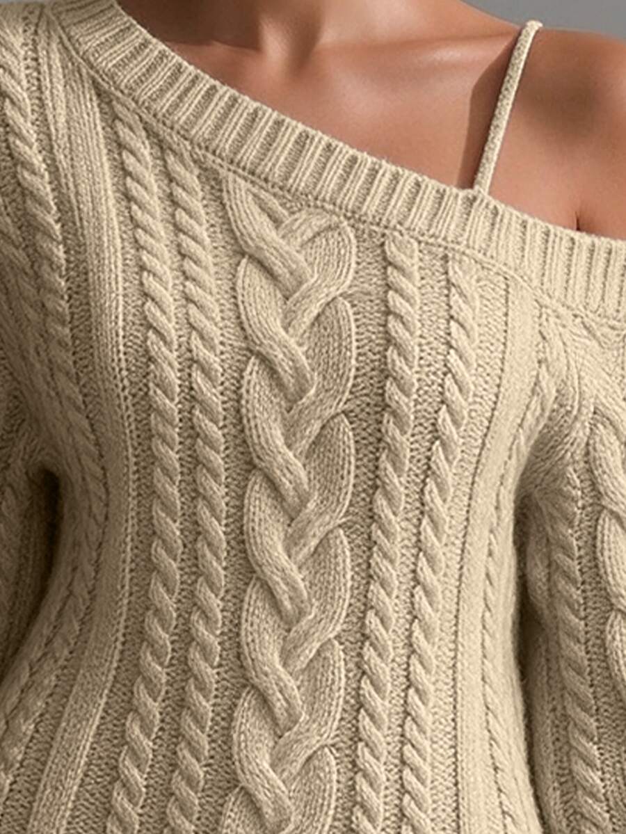 Cold Shoulder Cable Knit Sweater Dress Long Sleeve Bodycon - Beige - photo 4