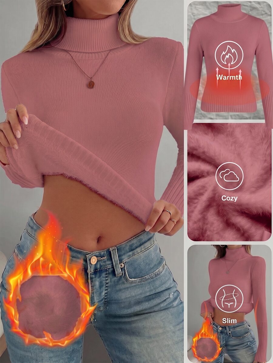 Fleece Lined Turtleneck Sweater Rib Knit Long Sleeve - Rose - photo 8