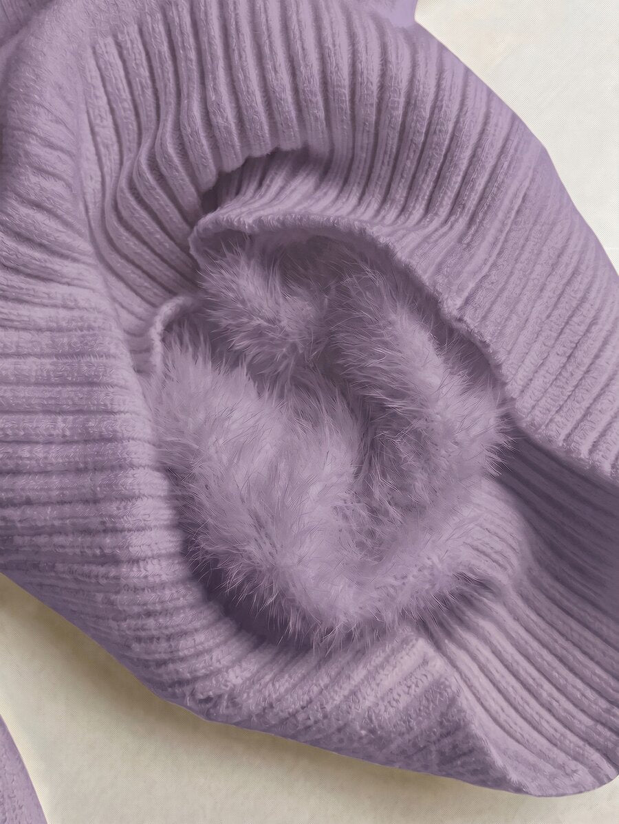 Fleece Lined Turtleneck Sweater Rib Knit Long Sleeve - Lilac - photo 5