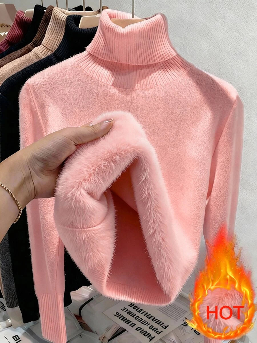Rib Knit Turtleneck Sweater Long Sleeve Slim Fit - Blush