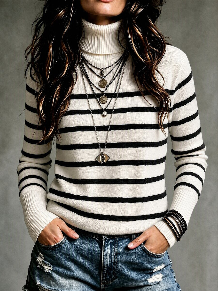 Fleece Lined Turtleneck Sweater Rib Knit Long Sleeve - White and Black - photo 2