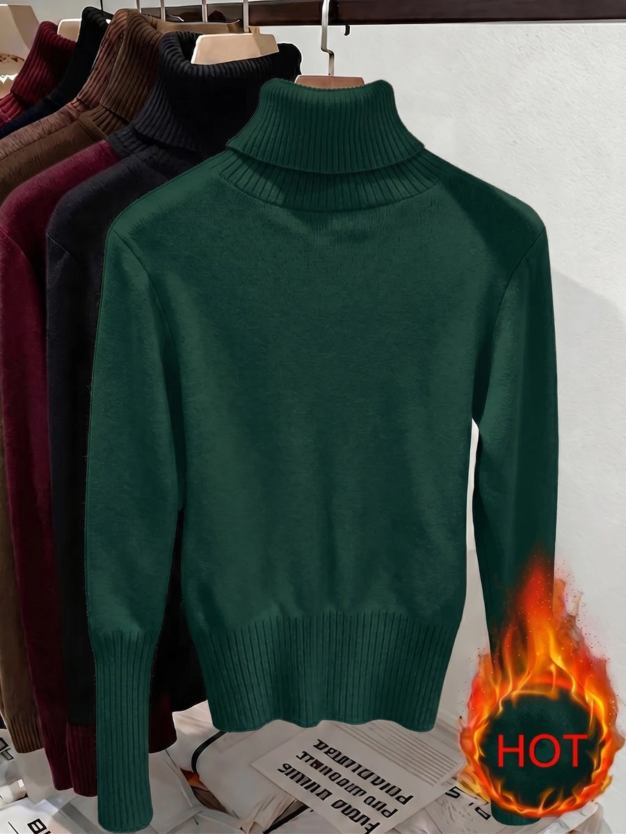 Fleece Lined Turtleneck Sweater Rib Knit Long Sleeve - Dark Green - photo 2