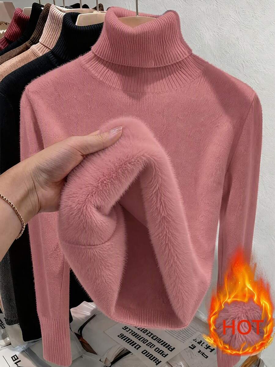 Fleece Lined Turtleneck Sweater Rib Knit Long Sleeve - Rose