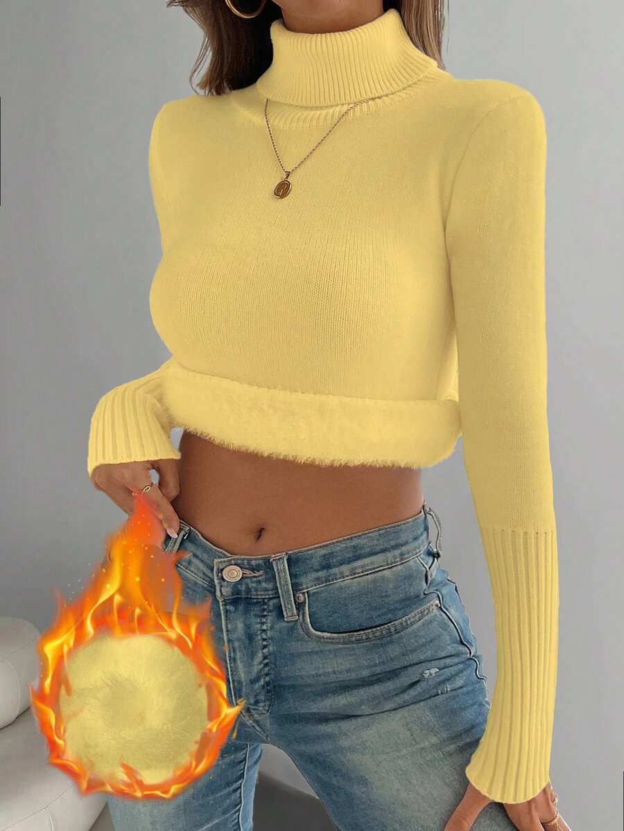 Rib Knit Turtleneck Sweater Long Sleeve Slim Fit - Butter Yellow - photo 7