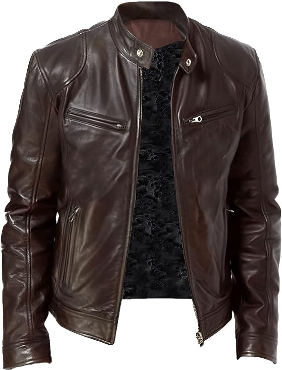 Men's Cafe Racer Leather Jacket – Slim Stand Collar Moto Jacket in Dark Brown