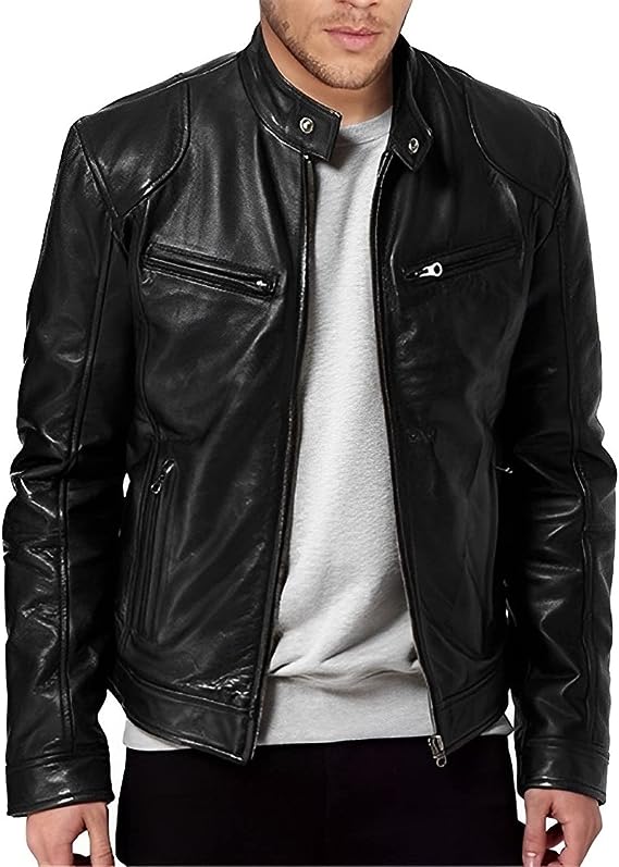 Men's Cafe Racer Leather Jacket – Slim Stand Collar Moto Jacket