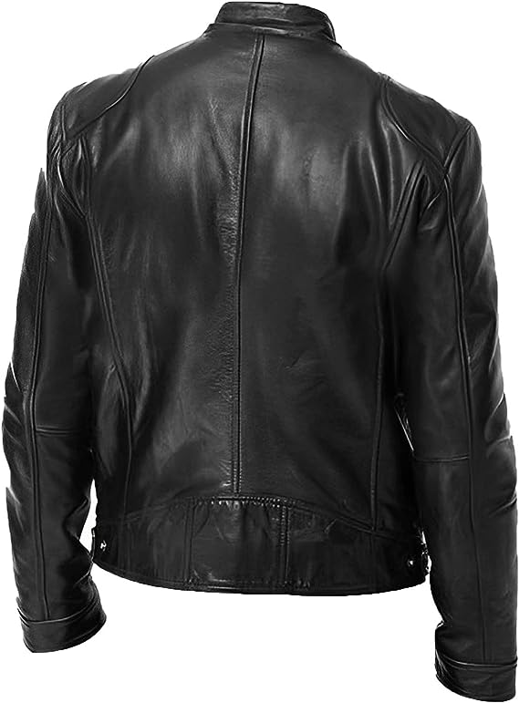 Men's Cafe Racer Leather Jacket – Slim Stand Collar Moto Jacket – alternate view