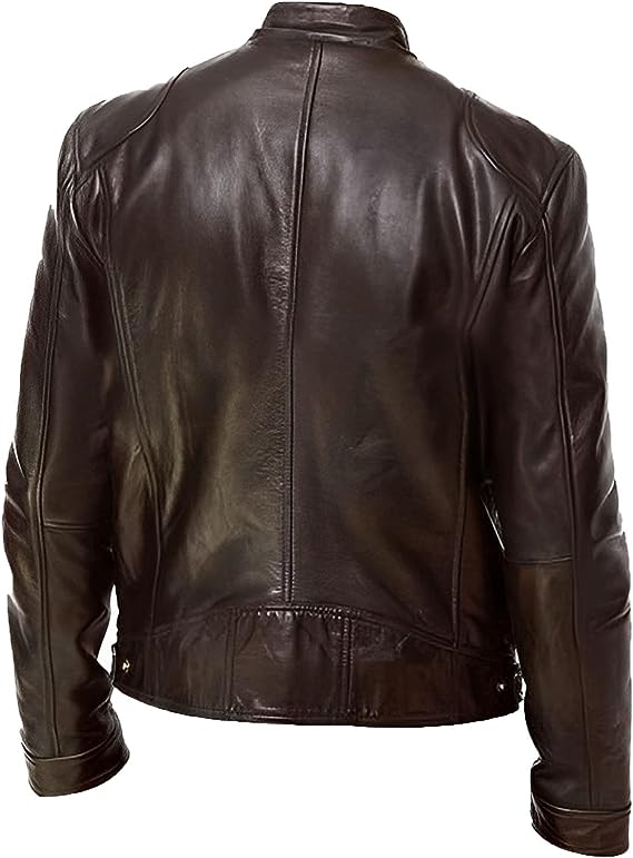 Men's Cafe Racer Leather Jacket – Slim Stand Collar Moto Jacket – alternate view