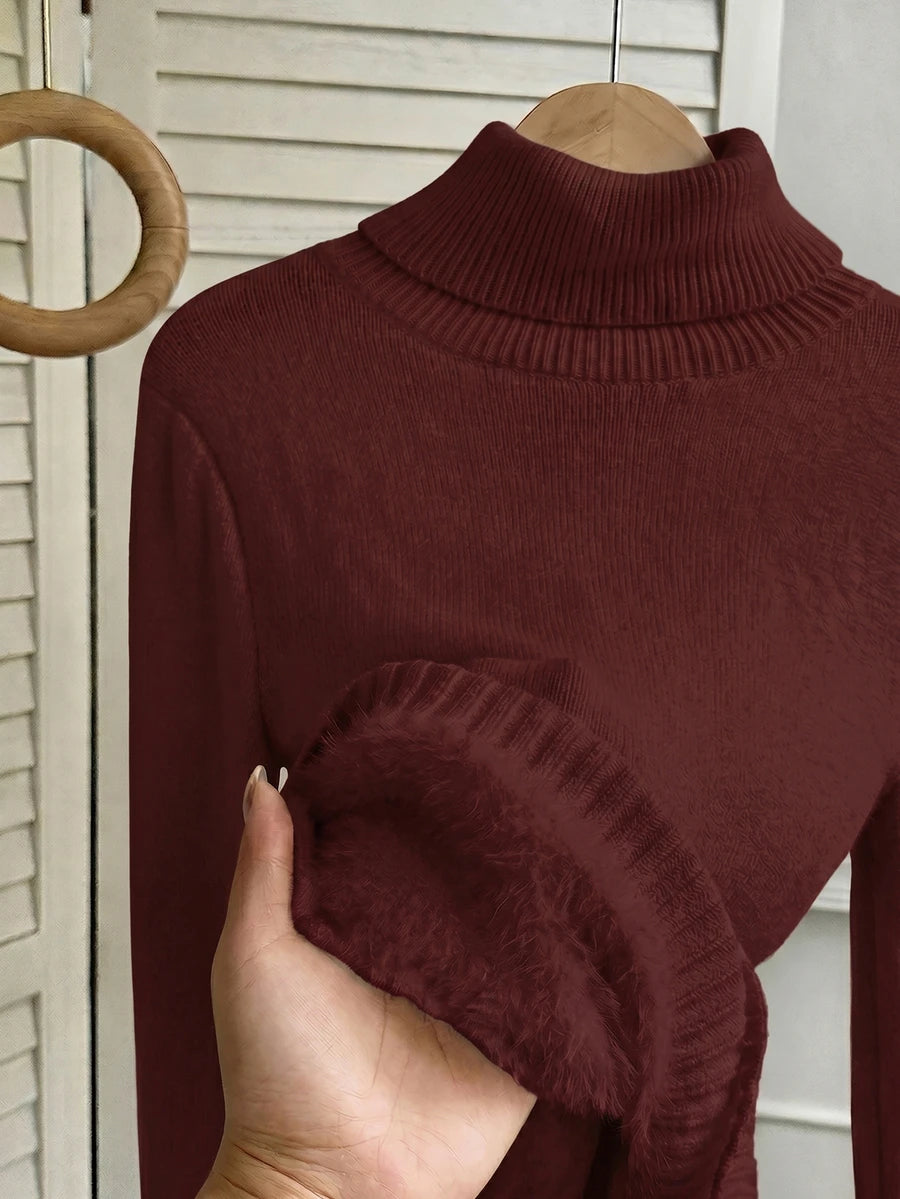 Women's Turtleneck Sweater Long Sleeve Rib Knit Slim Fit - Burgundy - photo 7
