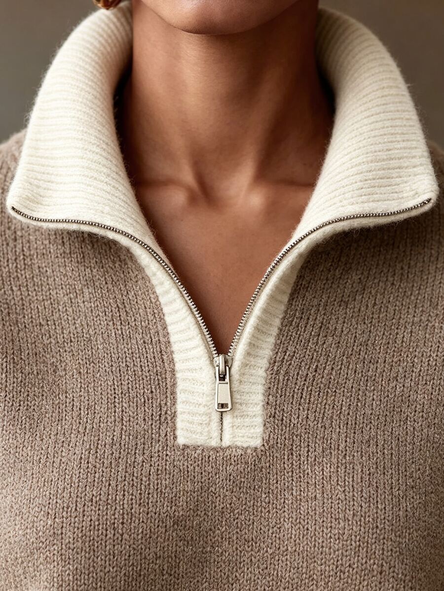 Drop Shoulder Contrast Collar Half Zip Sweater - Taupe - photo 4