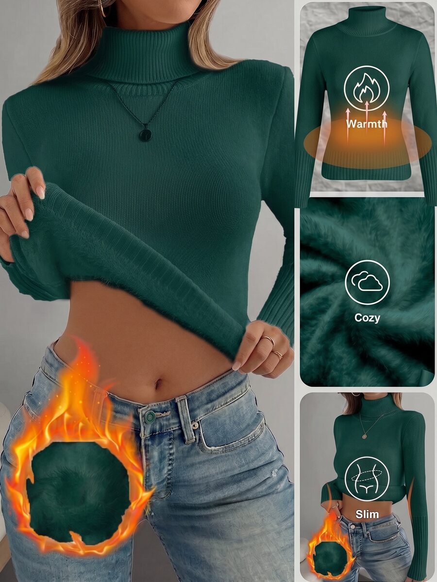 Fleece Lined Turtleneck Sweater Rib Knit Long Sleeve - Dark Green - photo 8
