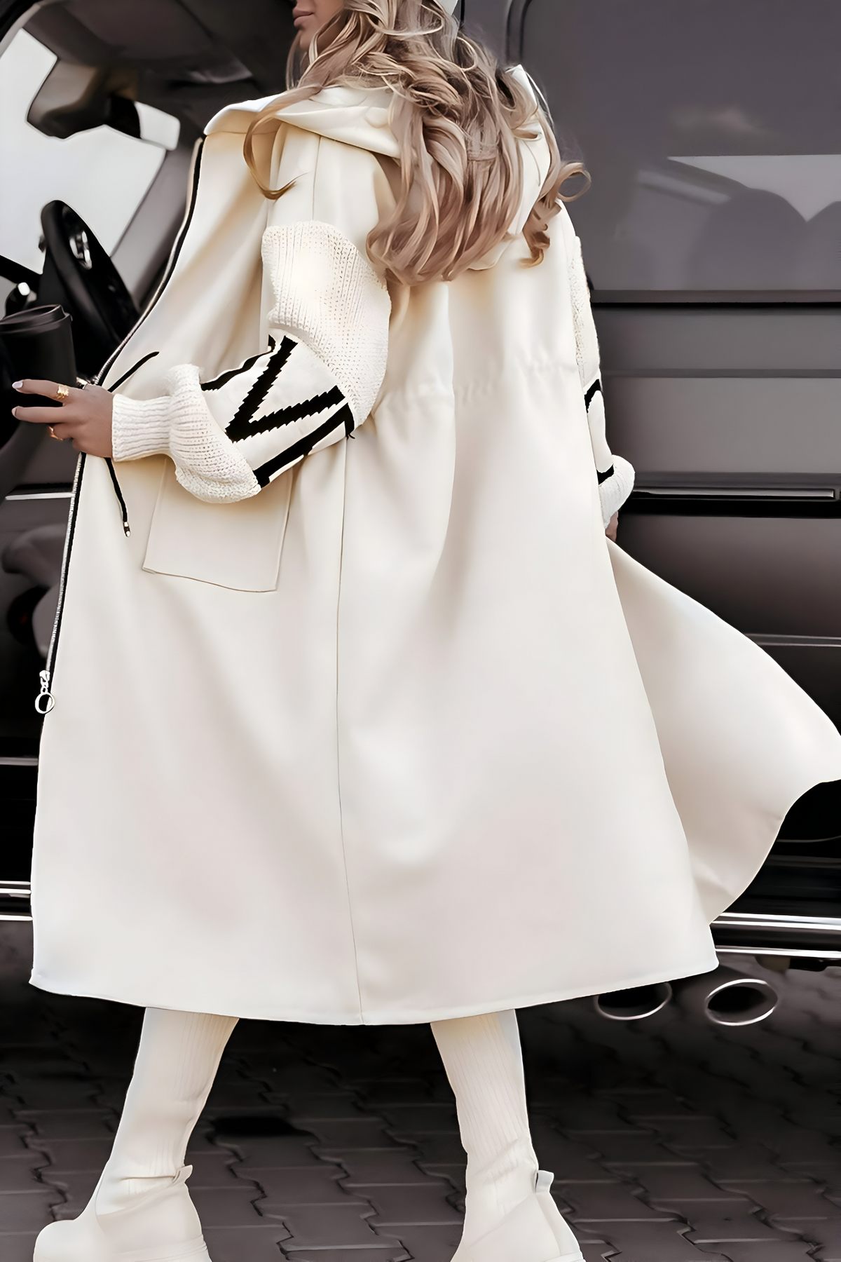Women's Long Hooded Coat – Zip-Up Casual Jacket with Knit Sleeves – alternate view