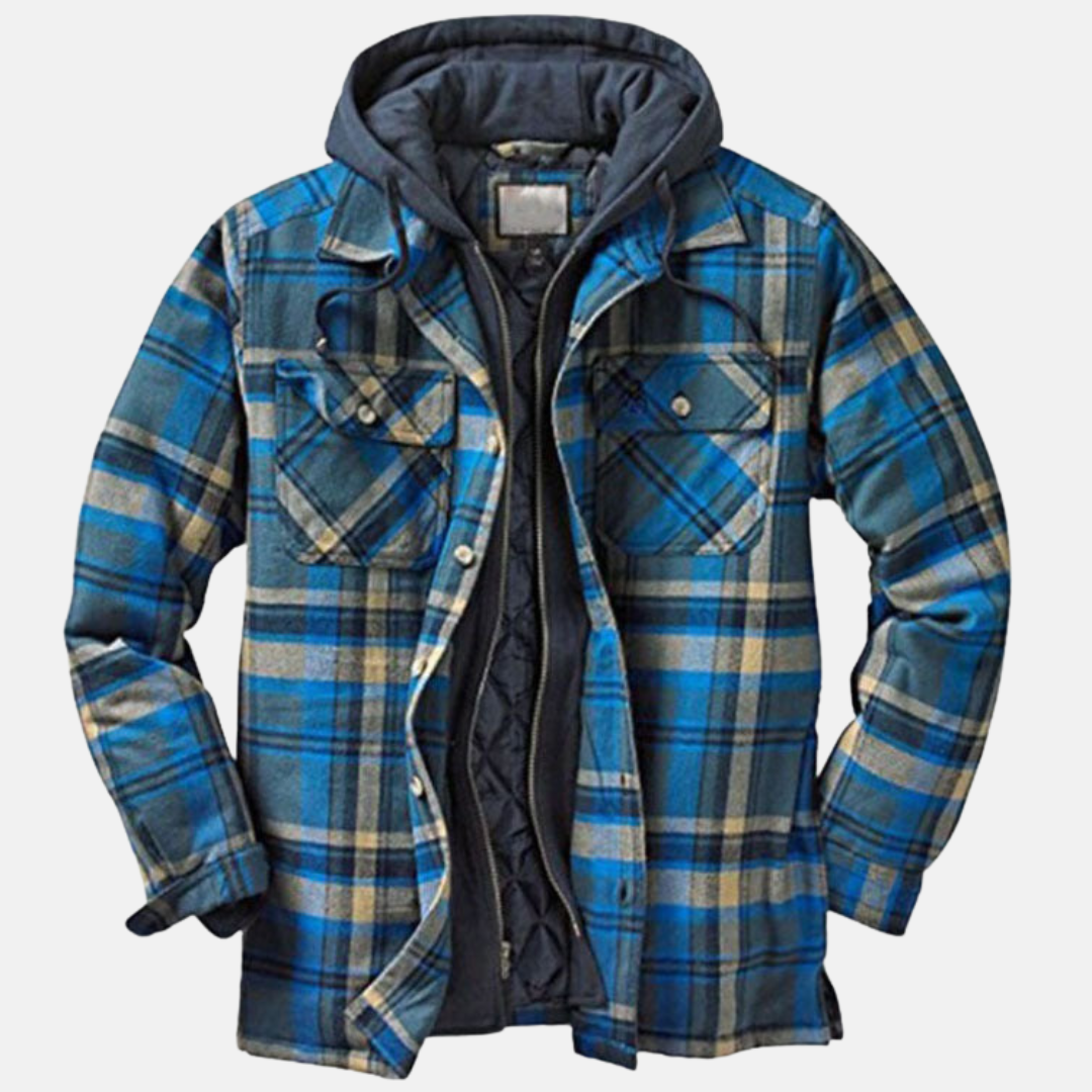 Men's Hooded Flannel Jacket – Quilted Lined Plaid Shacket in Blue