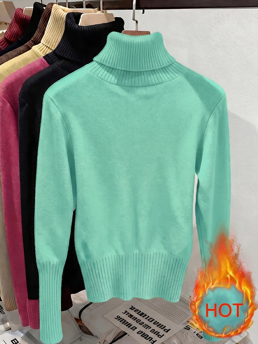 Rib Knit Turtleneck Sweater Long Sleeve Slim Fit - Mint - photo 5
