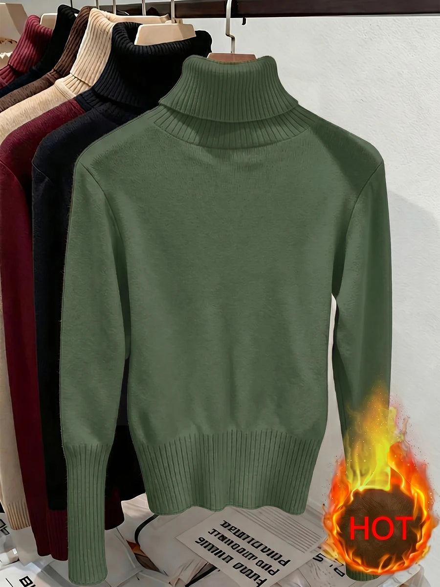 Fleece Lined Turtleneck Sweater Rib Knit Long Sleeve - Green - photo 2