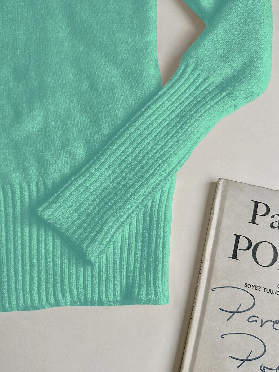 Rib Knit Turtleneck Sweater Long Sleeve Slim Fit - Mint - photo 7