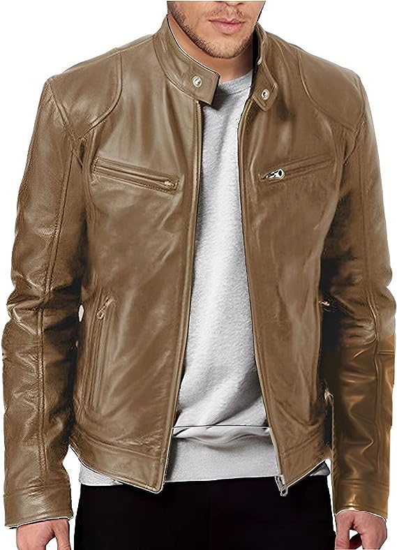 Men's Cafe Racer Leather Jacket – Slim Stand Collar Moto Jacket – alternate view