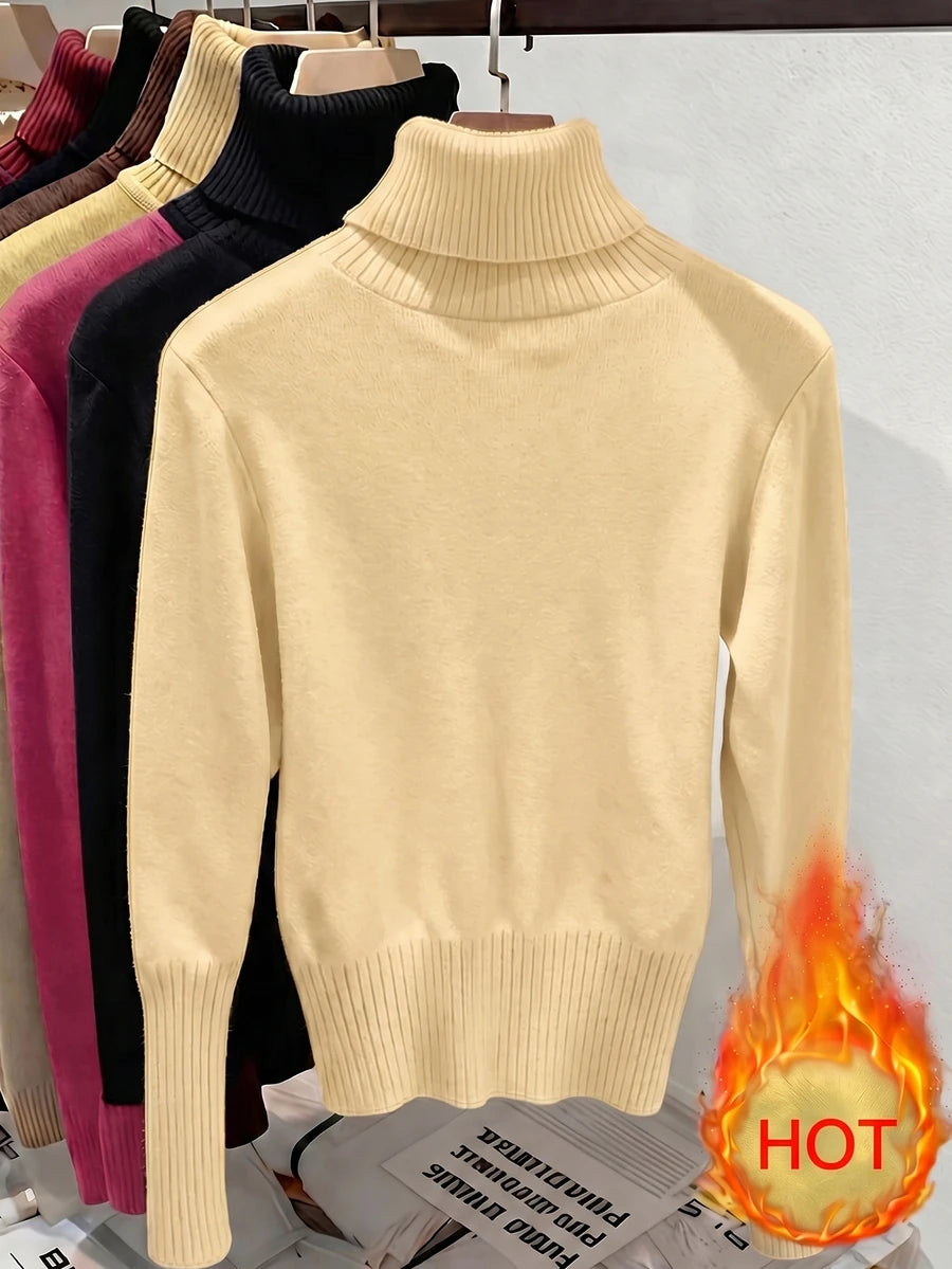 Women's Turtleneck Sweater Long Sleeve Rib Knit Slim Fit - Light Yellow - photo 2