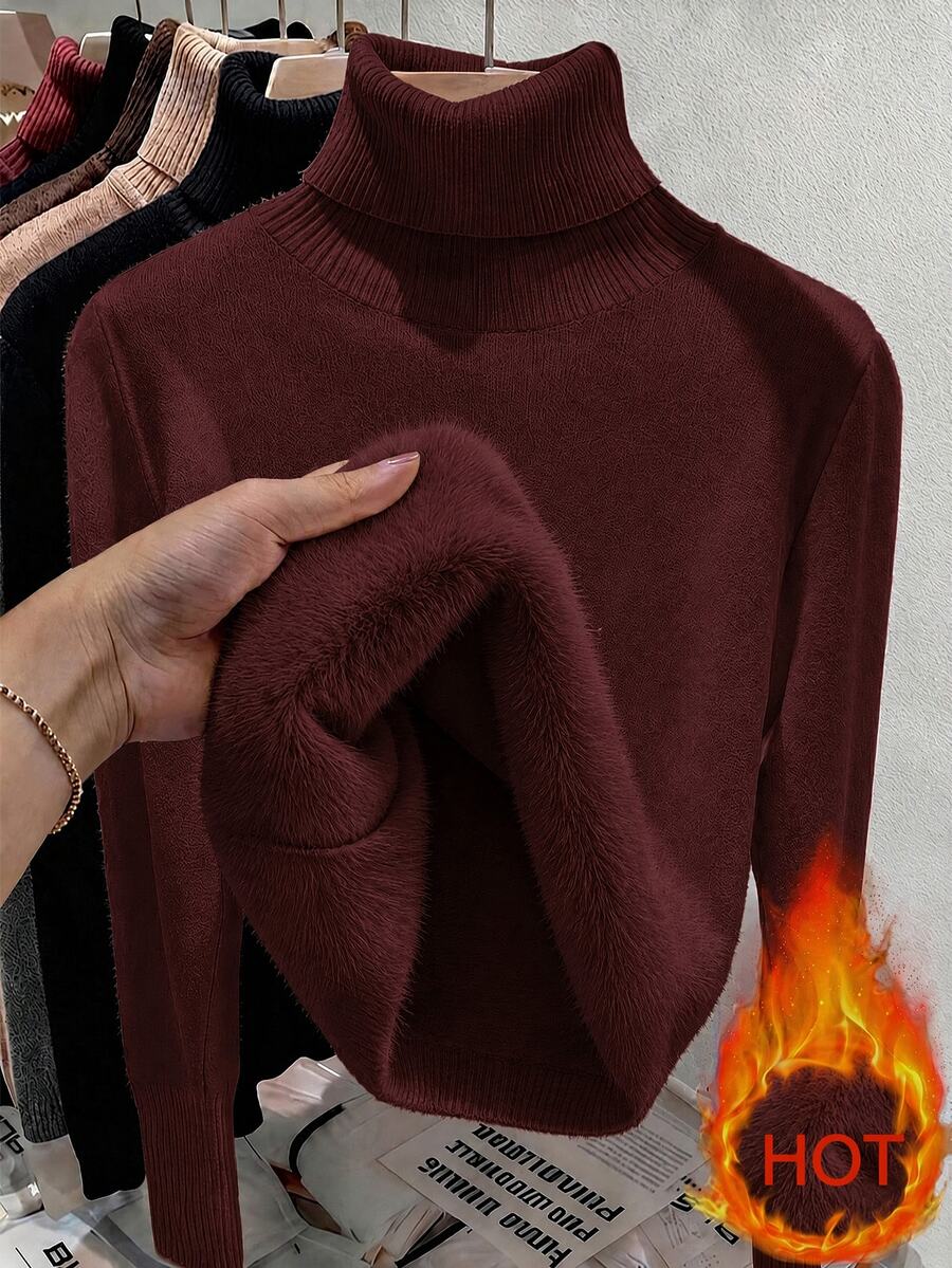 Women's Turtleneck Sweater Long Sleeve Rib Knit Slim Fit - Burgundy