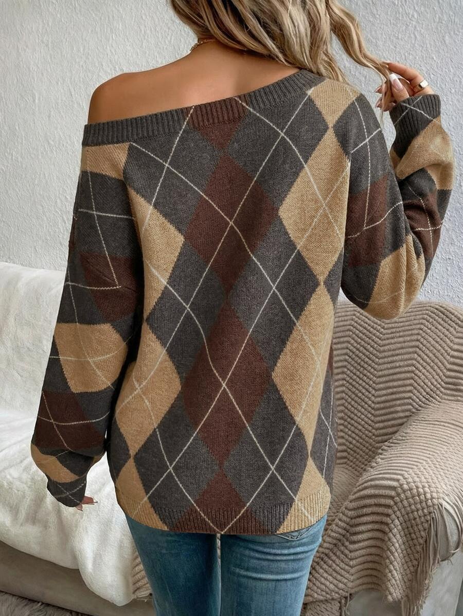 Off Shoulder Sweater Long Sleeve Pullover - Brown and Tan - photo 2