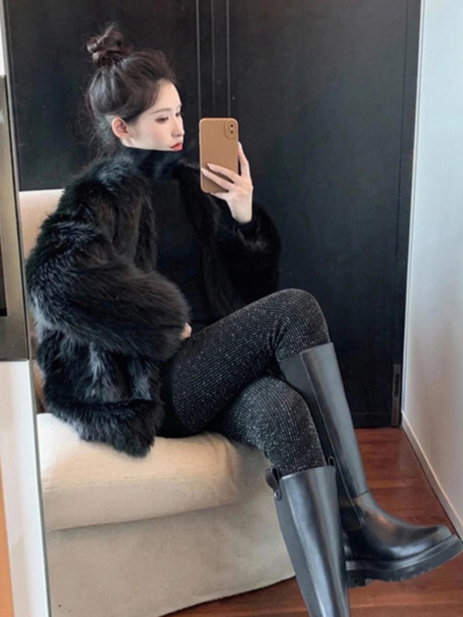 Women's Fleece Lined Tights - Black and Glitter - photo 4