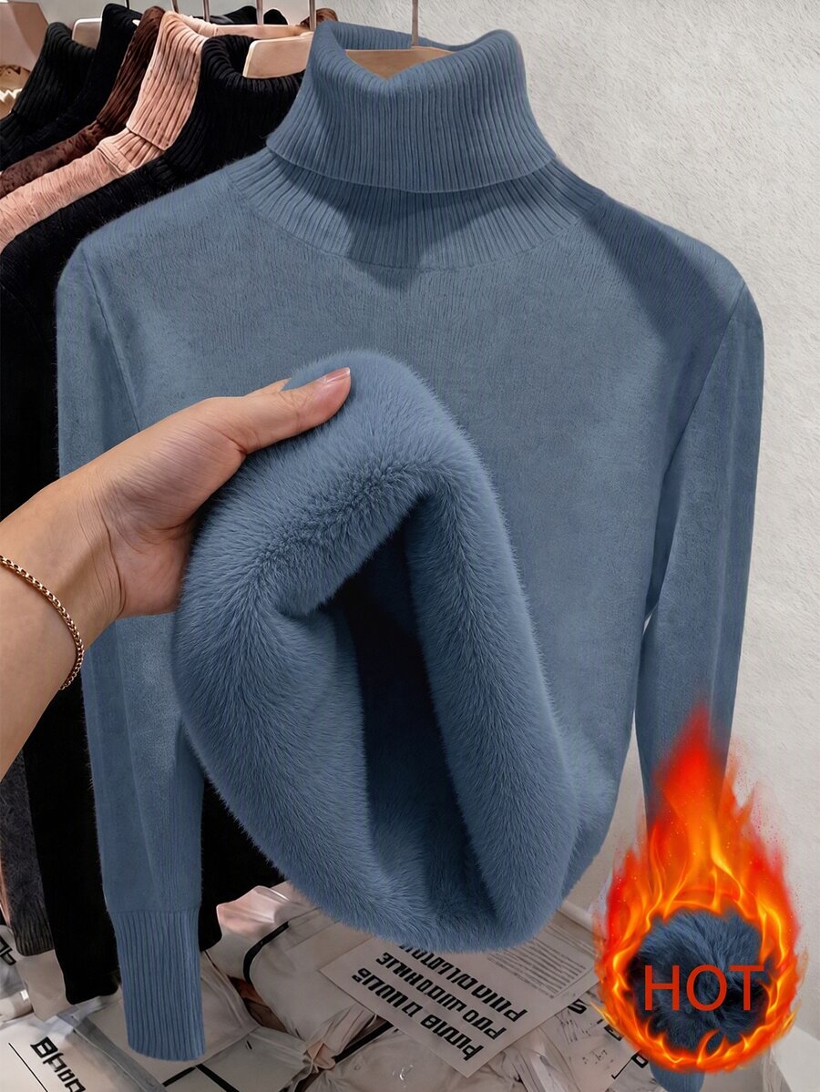 Fleece Lined Turtleneck Sweater Rib Knit Long Sleeve - Slate Blue