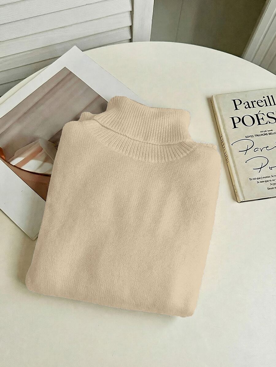 Women's Turtleneck Sweater Long Sleeve Rib Knit Slim Fit - Beige - photo 4