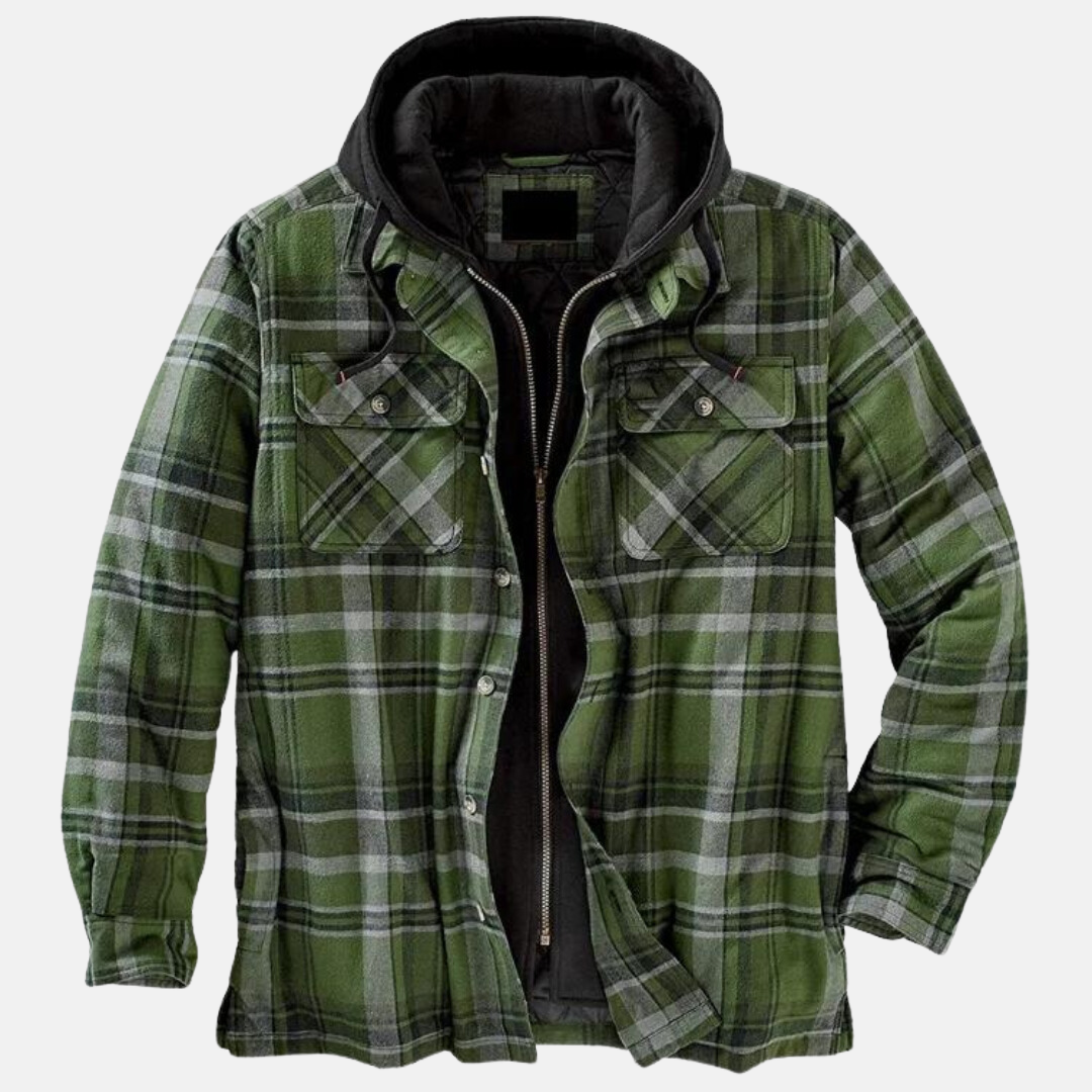 Men's Hooded Flannel Jacket – Quilted Lined Plaid Shacket in Dark Green