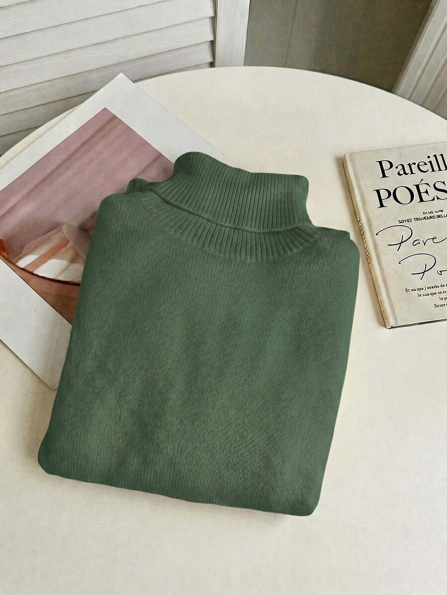 Fleece Lined Turtleneck Sweater Rib Knit Long Sleeve - Green - photo 5