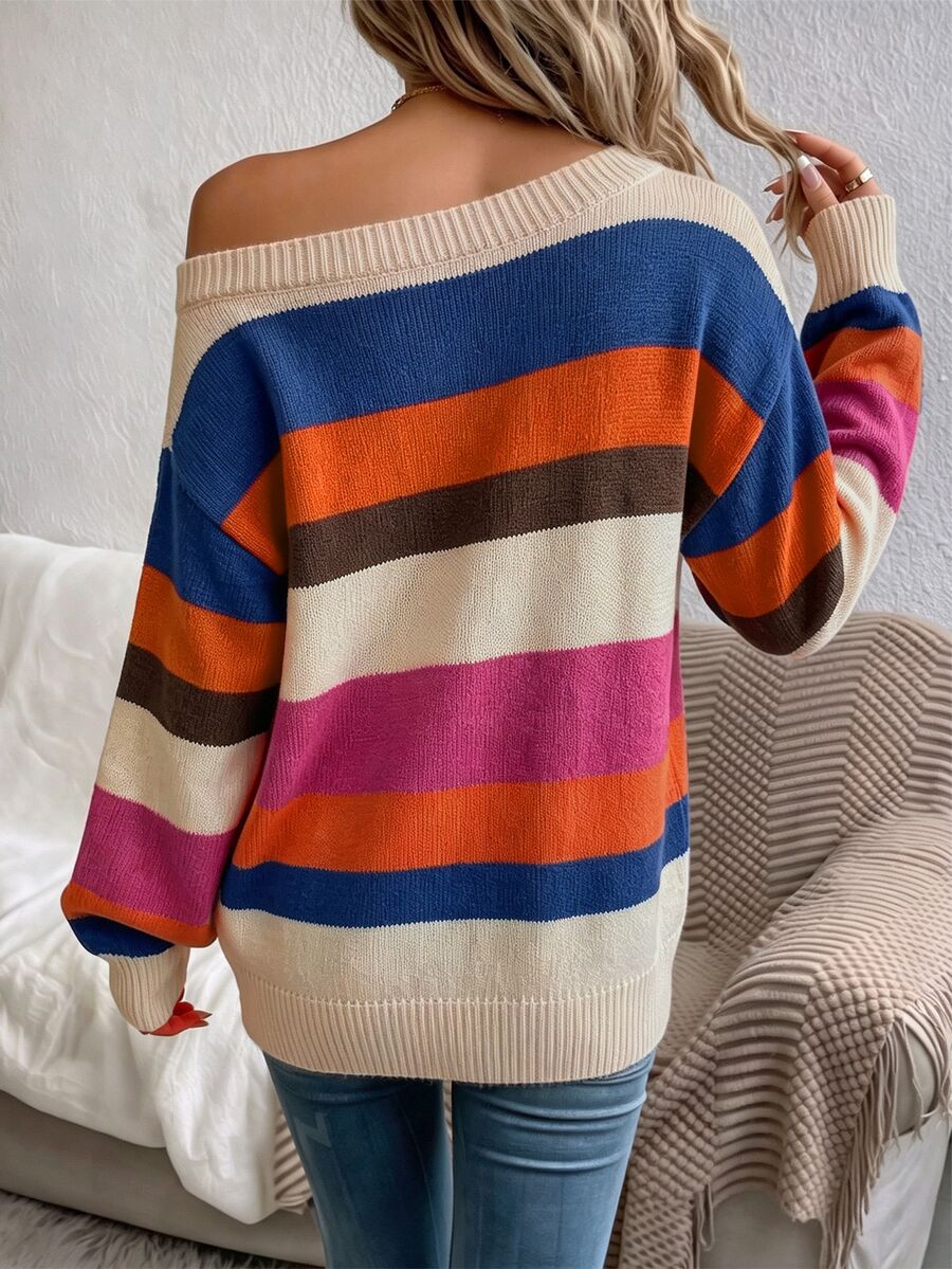 Off Shoulder Sweater Long Sleeve Pullover - Orange and Blue - photo 2